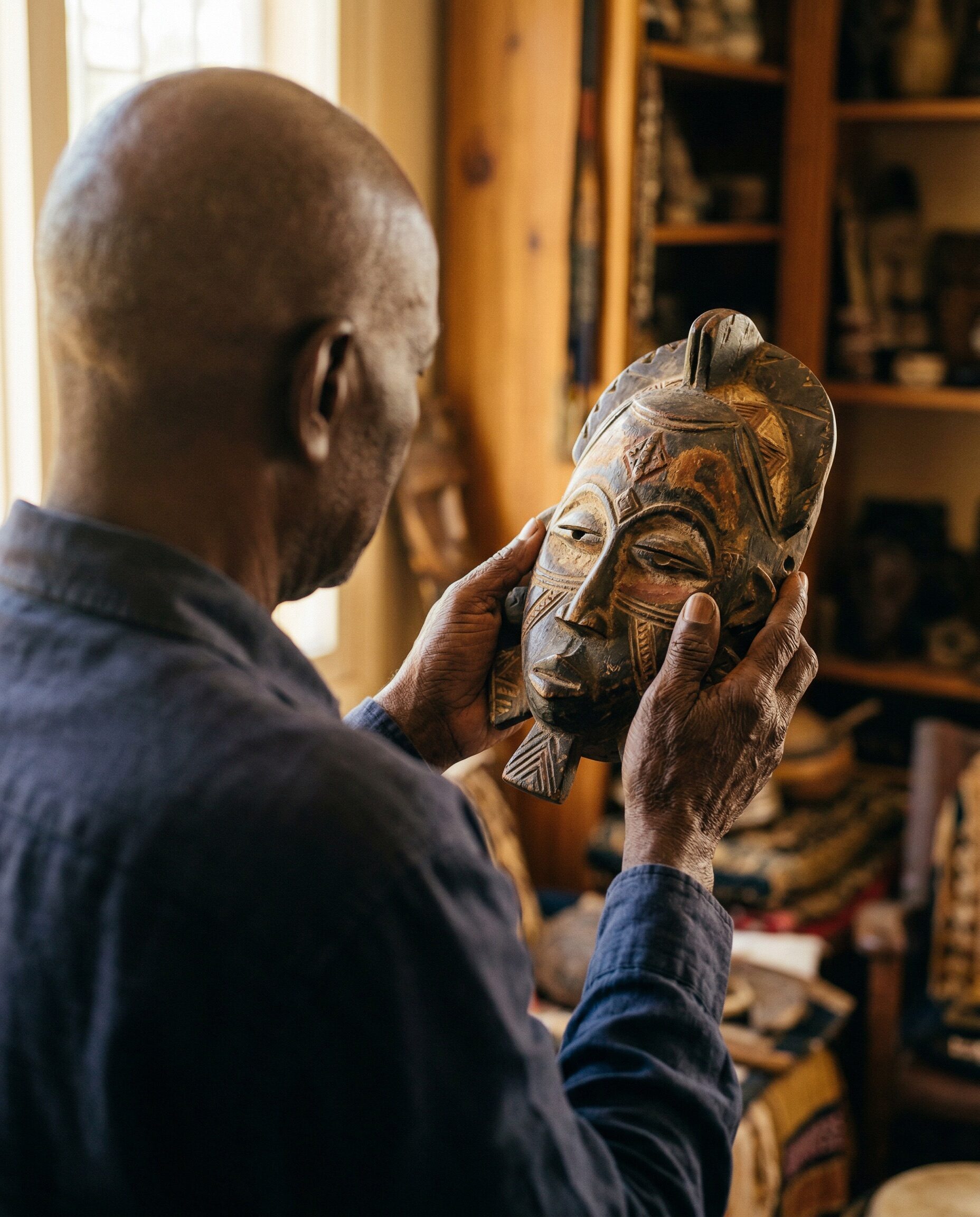 Niang examining a hand-carved African mask in his workshop
