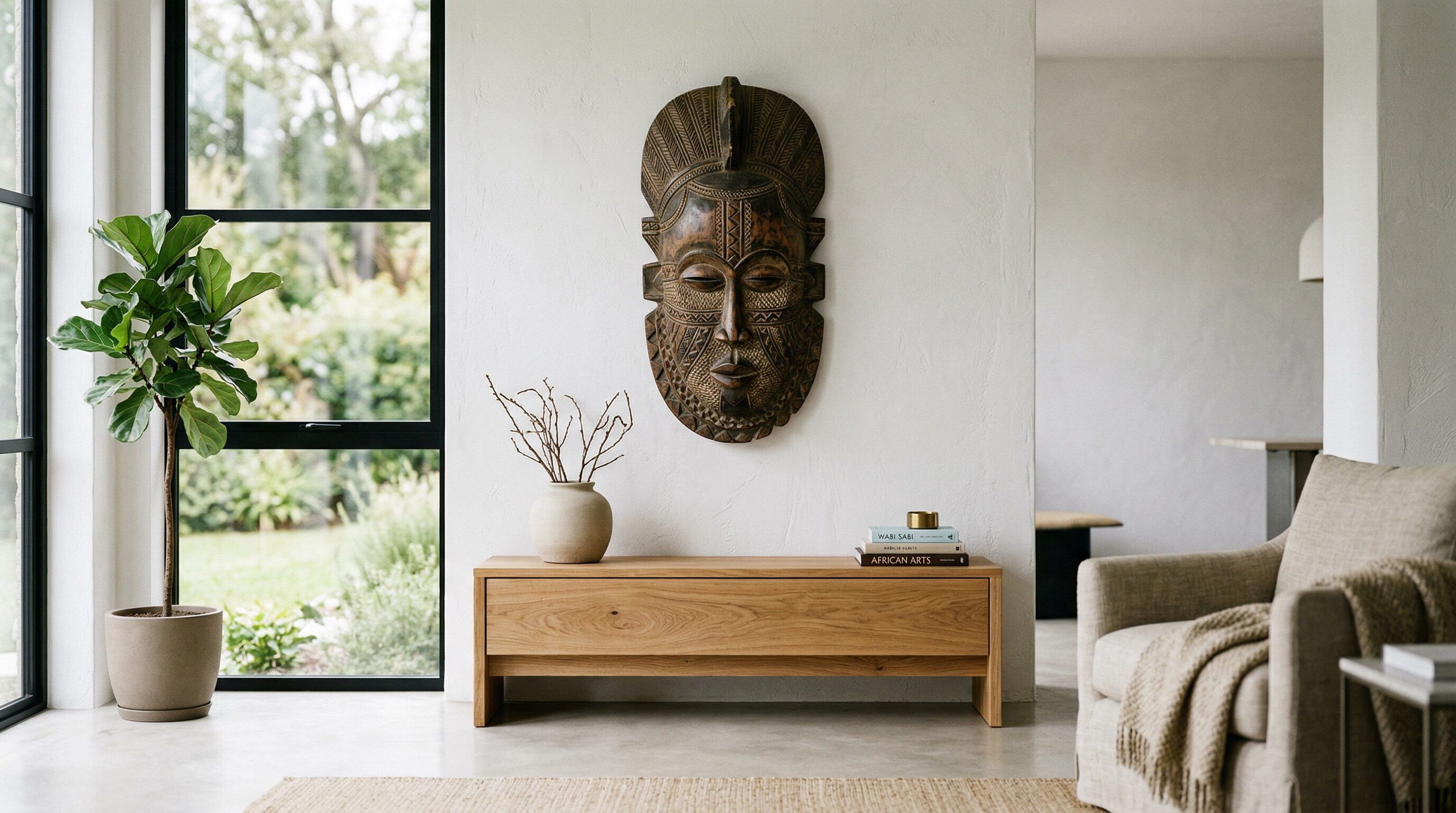 African carved mask displayed in a modern minimal living room